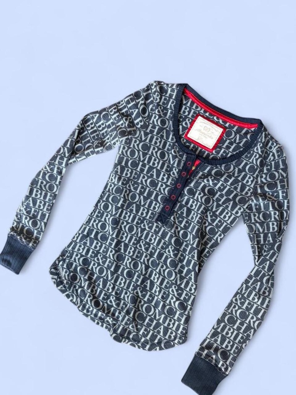 Y2K abercrombie Long-Sleeve Logo Henley Top - Navy/White